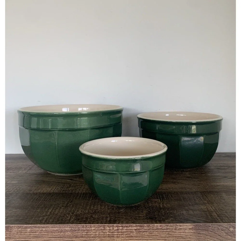 Emile Henry France Williams Sonoma 3 Pc Nesting Mixing Bowl Set Green Stoneware